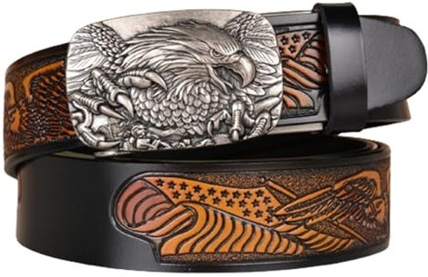 NALANY Leder Western Schnalle Schwarzer Gürtel Cowboy 3D-skulptur Silber Adler Automatikschließe Guertel Geprägte Cowboy Ledergürtel Für Herren,3,5cm Breit(110cm/43, Eagle-D)