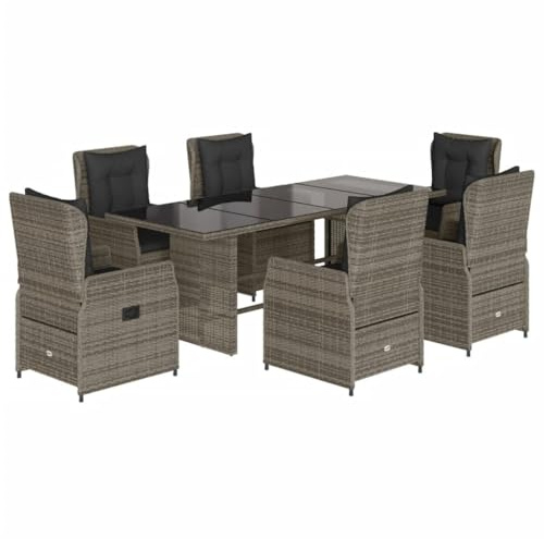 vidaXL 7-TLG. Garten-Essgruppe mit Kissen Grau Poly Rattan
