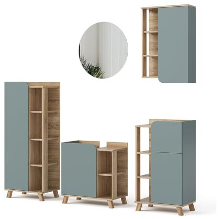 Vicco Badmöbel-Set Karen, Badezimmerschrank-Set, Sonoma/Blau-Grau, 5 Teile