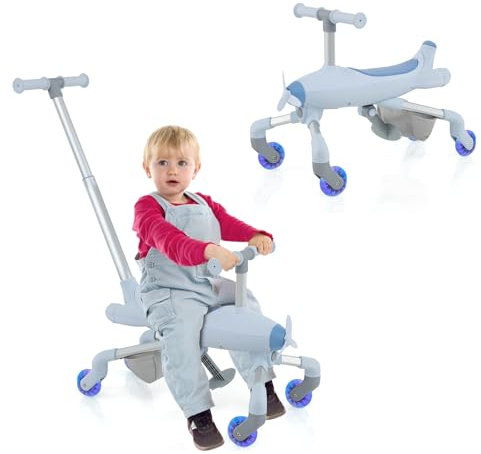 DREAMADE 2-in-1 Rutschauto, Flugzeug-Form Rutscherfahrzeug mit LED-Leuchten Rädern, Verstellbarer Schiebestange & Fußstütze, Kinderfahrzeug für Kinder ab 18 Monaten, belastbar bis 50kg (Blau)