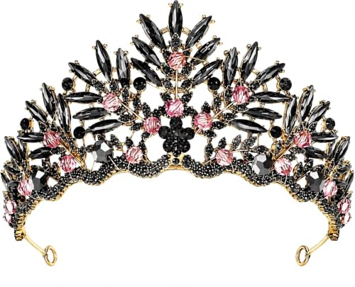 Healeved Vintage Barock Tiara Damen – Schwarze Kristallkrone für Hochzeit | Eleganter Brautschmuck mit Goldrahmen, Verstellbarem Haarreif Für Ball, Gothic Party, Kostüm Und Fotoshooting