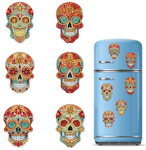 CXINLky DIY Diamond Painting Aimants pour réfrigérateur, peinture diamant créative, kits d'aimants pour réfrigérateur, tableau magnétique, tableau blanc, tableau d'affichage, tête de mort 36