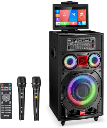 Máquina de karaoke con pantalla de letras para adultos, pantalla táctil de 14.1 pulgadas, altavoz de karaoke portátil, sistema PA de 800 W de potencia máxima con 2 micrófonos inalámbricos, luces de DJ