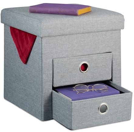 Relaxdays Sitzhocker mit Stauraum, 2 Schubladen, Griffe, modern, faltbar, gepolstert, Hocker HBT: 39 x 37 x 37 cm, grau