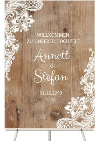 Personalisiertes Willkommensschild zur Hochzeit aus echtem Holz - Größe wählbar: DIN A3, A2 oder A1 - Rustikal Design - mit intensivem UV-Druck mit Ihren Namen, Datum und Text, 3mm Dick