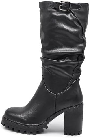 IF FASHION Stivali Arricciati Al Polpaccio da Donna In Pelle Sintetica Con Tacco Grosso Plateau Fibbia G693 nero N.41