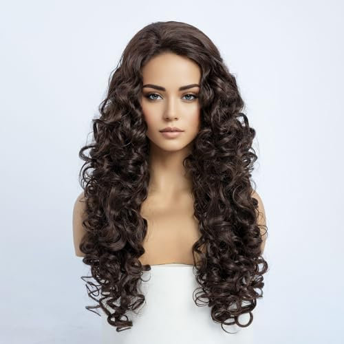 SIMKAYLEE Perücke Dunkelbraun LangLocken für Frauen Lange Kastanienbraune Perücke Lockige Perücken Damen Lang Braun Wellig für Karneval Halloween Fasching Cosplay Kostüm (60cm)