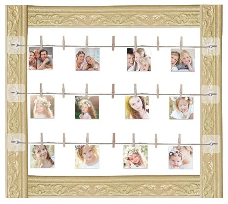 JINGHANGER Marco de fotos con 30 pinzas de madera, marco de fotos colgante como decoración de pared, carta, postal, tarjeta de felicitación, organizador de tarjetas, soporte ajustable