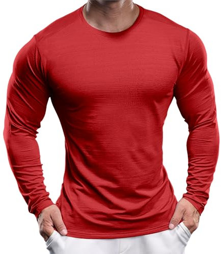Men's UPF 30+ Sun Protection Shirts Performance Long Sleeve T-Shirt Moisture Wicking Shirt for Running Workout Red-05 L