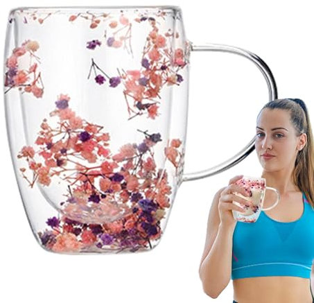 Fenytay Dried Flowers Glass Cups, Floral Fusion Double Wall Glass Cups, Flower Cup, Insulated Double Wall Glass Tea Espresso Cup, Double Wall Coffee Mug,dried Flower Double Wall Glass Mugs With Handle