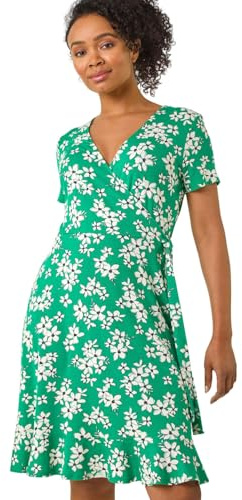 Roman Originals Wrap Dress for Women UK Ladies Swing Skater Fit & Flare A Line Tea Stretch Knee Length V-Neck Holiday Summer Smart Casual Work Party Evening - Petite Green - Size 18