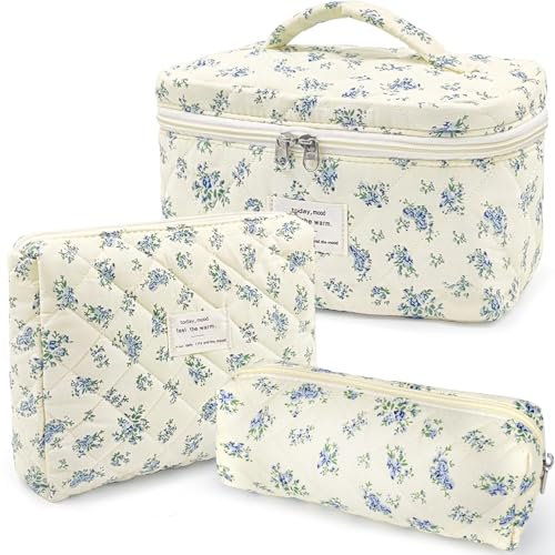 TOPALL Reise Kosmetiktasche Set Damen,Blumen Kosmetiktasche Aesthetic Make Up Bag Tasche Gesteppte Kulturtasche Beauty Case Baumwolle,Blue Gourd Flower(Large+Medium+Pouch)
