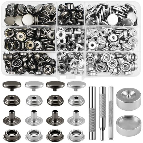 HavaCue 180PCS Snap Fastener Kit, 15mm Press Studs Snap Fasteners, Black/Silver Press Studs Cap Button,with Tools,Stainless Steel Snap Buttons Kit for Clothing,Jeans,Jackets,Fabric,Bags