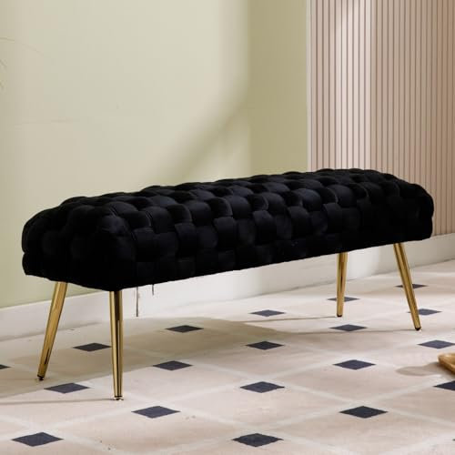 DAYALANE Sitzbank Samt Polsterbank mit vergoldeten Metallbeinen Bettbank Gewebtes Design Schlafzimmer Sitztruhe Flur 120cm,Schwarz