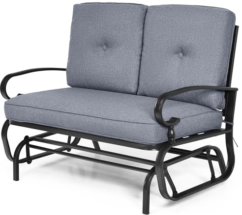 RELAX4LIFE 2-Person Glider Bench, Outdoor Swing Gliding Loveseat with Removable Cushion, Patio 2 Seaters Rocker Chair for Backyard Garden Porch (Grey)