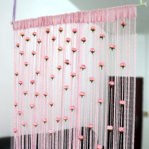 Surwin 2PC String Curtains for Doors Fly Screen, Rose flowers String Bead Curtain Room Divider Beads Door Indoor Outdoor Window Hallway Tassel Doorway Living Room Bedroom Decor (Pink,1x2m)