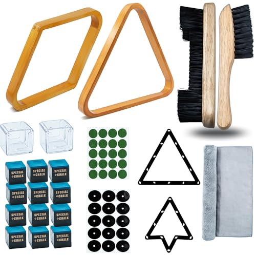Pool Ball Rack with Pool Table Brush Kit, Billiards Triangle for 2-1/4 Ball, 8/9 Ball Triangle Diamond Magic Rack with Pool Chalk Pool Table Accessories(Gold)