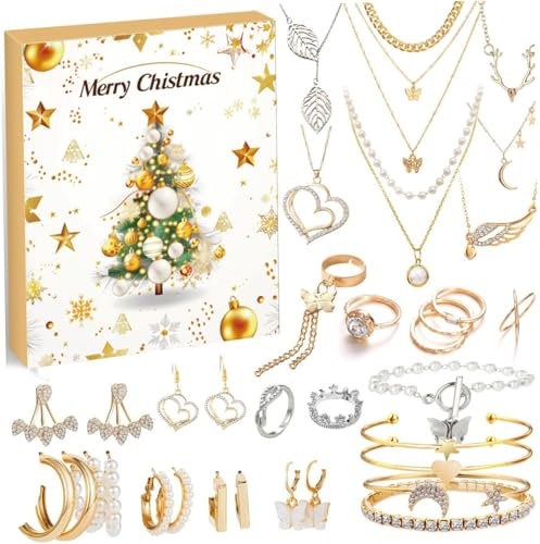 Schmuck Adventskalender 24 Tage Gold- und Silberschmuck Adventskalender umfassen Ohrringe, Halsketten und mehr Weihnachts -Countdown, Charmarmband