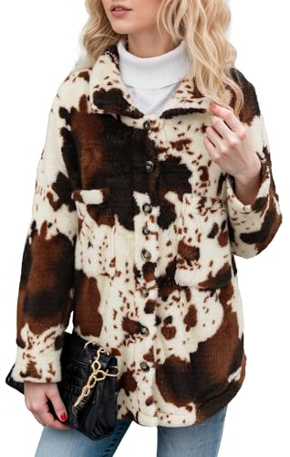Maeau Damen Fleece Jacke Winter Innenfutter Plüschjacke Kuh Print Kuscheljacke Cardigan mit Taschen XXL
