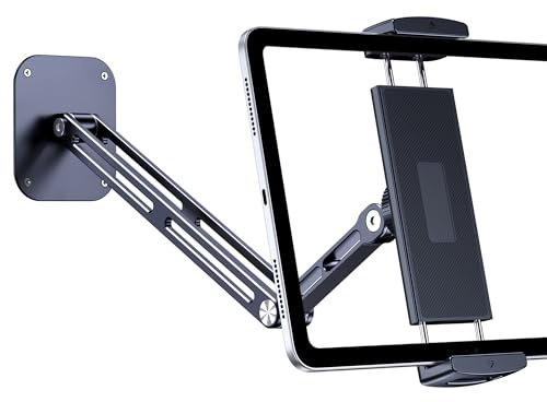 Lucrave Tablet-Wandhalterung, 15-Zoll-Aluminiumarm für 4,7-13-Zoll-Geräte | 360° drehbarer Sockel | Stabile Aluminiumkonstruktion | Wandmontage mit Schrauben