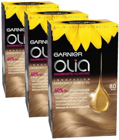 Garnier Olia 8.0 Blond Dauerhafte Haarfarbe ohne Ammoniak mit pflegenden, natürlichen Ölen, Vollständige Grauhaarabdeckung, Permanente Coloration, 1 Stück (Packung mit 3)