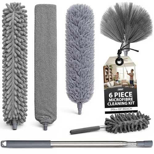 ZENO Feather Duster 6 Pack | Extendable Feather Duster for Cleaning | Telescopic Duster On a Stick with Long Handle for High Ceilings Fans Cobwebs Blinds | Microfibre Dusters with Adjustable Reach