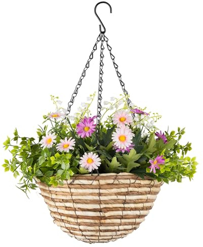 CHRISTOW Artificial Daisy Hanging Basket, Pink & Lilac, 25cm | Ready to Hang Woven Basket, Daisies, Eucalyptus, Bellflower Orchids & Gypsophila, UV-Protected Foliage, Triple Hanging Chain
