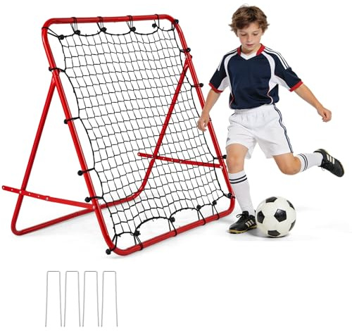 COSTWAY Rebounder für Fußball, 100 x 100 cm Rebound Netz faltbar mit verstellbaren Winkeln, Fußballnetz Outdoor, Rückprallwand Netz Garten, Fußballtornetz für Kinder, Jugendliche & Erwachsene, Rot