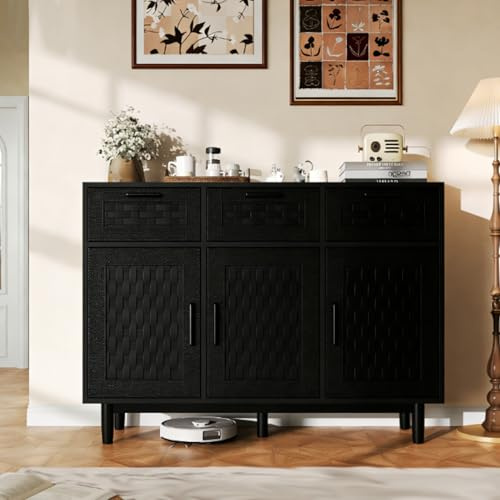 VixorLuilith Mueble de cocina, Aparador Sala de estar 3 Cajones 3 Puertas, Cocina Cocina Encimera, Cajones Pequeños Usados Mientras Puertas De Armario Artículos Grandes Son Adecuado (Negro)
