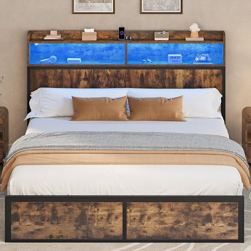 YITAHOME Bettgestell LED mit Kopfteil USB-Anschlüsse und Ladeausgänge Metallplattform-Bettgestell mit 2 Regalböden,Keine Matratze erforderlich,Braun 200X180CM