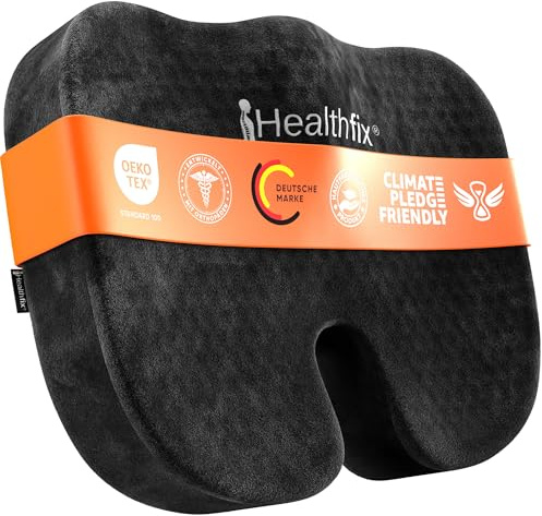 Healthfix Orthopädisches Sitzkissen Bürostuhl, Steißbein Entlastung mit Honeycomb-Layer und Veloursbezug, ergonomisches Sitzkissen für Büro Auto Zuhause, 45 x 36 x 7 cm (Schwarz)