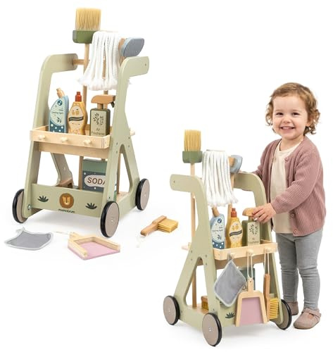 Mamabrum Holz Reinigungswagen für Kinder mit Rollenzubehör Set 11 tlg. Push-Bildspielzeug Rollenspiel