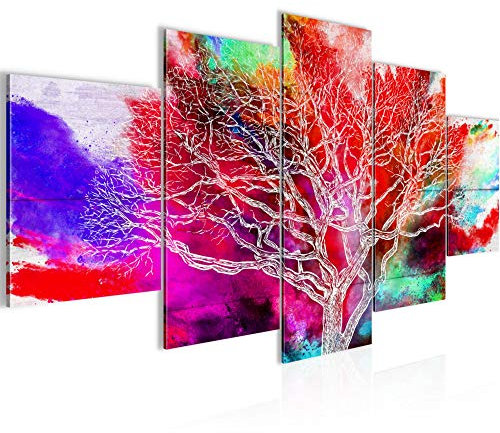 Runa Art - Tableau Abstrait Arbre 200 x 100 cm 5 Parties XXL Decoration Murale Dessin Coloré Rouge Violet 108951c