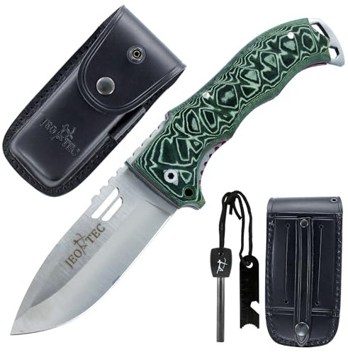 JEO-TEC Nº49: Couteau Pliant Outdoor Survie Bushcraft - Lame inox MOVA - Étui de transport en cuir - allume feu (firesteel) - Fabriqué en Espagne