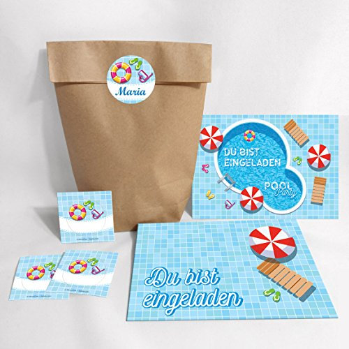 JuNa-Experten 10-er Set Einladungskarten, Umschläge, Tüten, Aufkleber zum Kindergeburtstag Mädchen Junge Schwimmbad/Pool Party (10 Karten + 10 Umschläge + 10 Party-Tüten + 10 Aufkleber)