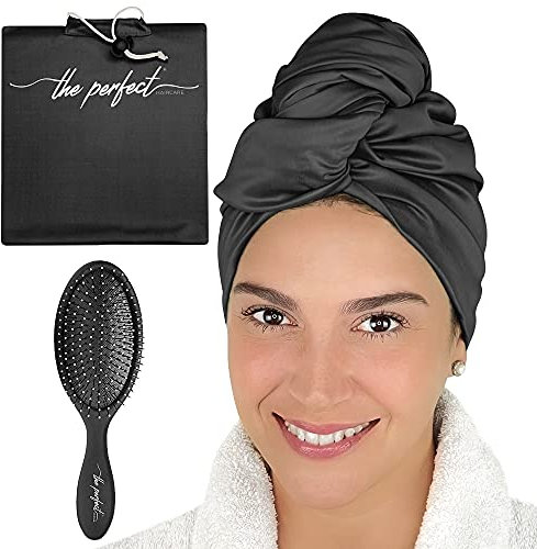 THE PERFECT HAIRCARE Ultrafeine Mikrofaser-Haartuch Haarwickel Anti-Friz Schnelltrocknender Turban mit Nasser/trockener Bürste - Schwarz