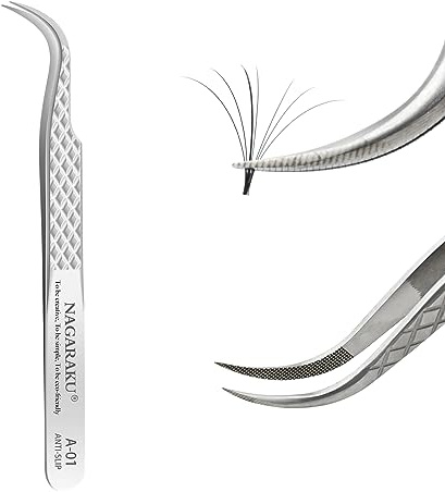 NAGARAKU Faserspitze Volumenpinzette Gebogene Wimpernpinzette Professionelle Präzisionspinzette Silber Edelstahl Rutschfester Gripp Leichte mit Schutzkappen für Einzelwimpern oder Wimpernblüten (A-01)