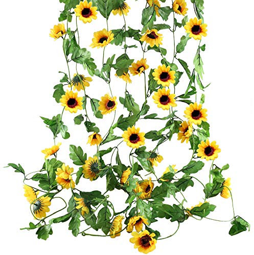HUAESIN 4 Pcs 2.5m Künstliche Sonnenblumen Girlande Hänged Blumengirlande Sonnenblume Kunstblumen Sommer Künstliche Blumen Ranken Deko für Balkon Fahrrad Friedhof Außen Hochzeit Gelb
