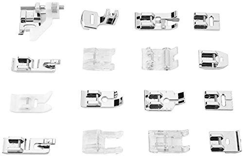Kit pied de biche couture, Lot de 16 pieds presseurs universels pour machine à coudre avec fermeture éclair invisible Pied à rouleau Pied ourleur pour Singer Janome Kenmore (boîte en plastique)