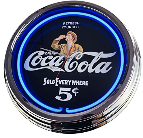 US-Way.de Coke 5-Cent – 44 cm Durchmesser, Deko-Wanduhr ohne Tickgeräusche und gut lesbares Display, USA 50er-Jahre-Stil Neon-Uhr für Küche, Büro (Blau)