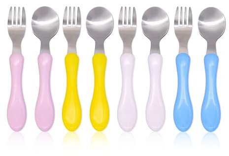Bloomsworld 8 Toddler Cutlery Set, Kids Spoons and Forks, Stainless Steel Kids Cutlery, 4 Forks and 4 Spoons, Self-Feeding Childrens Cutlery for Boys and Girls - Pastel