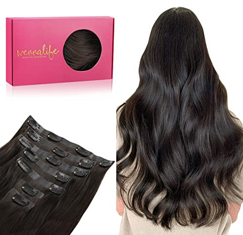 WENNALIFE Nahtlose Clip In Extensions Echthaar, 50cm 7pcs 150g Dunkel Braun Echthaar Extensions Clip Remy Natürliche Seamless PU Clip in Extensions Haarverlängerung Echthaar