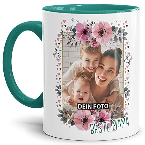 Keramik Tasse - Beste Mama - mit Foto selbst gestalten - Geschenk für die beste Mama, Muttertag, Weihnachten I Personalisiert, Innen & Henkel Türkis, 300 ml