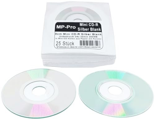 Mini CD Rohlinge 8cm 22min/200MB CD-R Rohlinge Silber Glänzend Unbedruckt (25 Stück in Hüllen)
