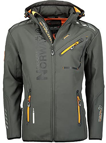 Geographical Norway Royaute Men - Veste Softshell Homme Impermeable - Manteau À Capuche Outdoor - Blouson Coupe Vent Tactique Resistant Hiver - Activites En Exterieur (Gris Fonce Orange