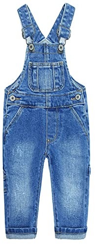KIDSCOOL SPACE Kid Boy Girl Tasca con bavaglino piccola Strappato Cinghie regolabili Salopette di jeans, Maglione carino in denim, Blu, 5-6 anni