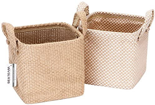 Sea Team Storage Baskets Organizer Box Bins in Jute and Cotton Linen Foldable with Handle Decorative for Home Toiletry Stationery Sundries Toys Jewerly Color Beige 17 * 17 * 17CM 2PCS