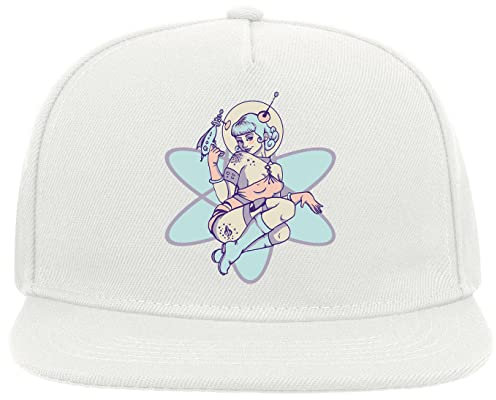 Space Babe Inked Laser Pistol Pin-Up Girl 5 Panel Snapback Flat Visor Cap Hat Baseballmütze Weiß