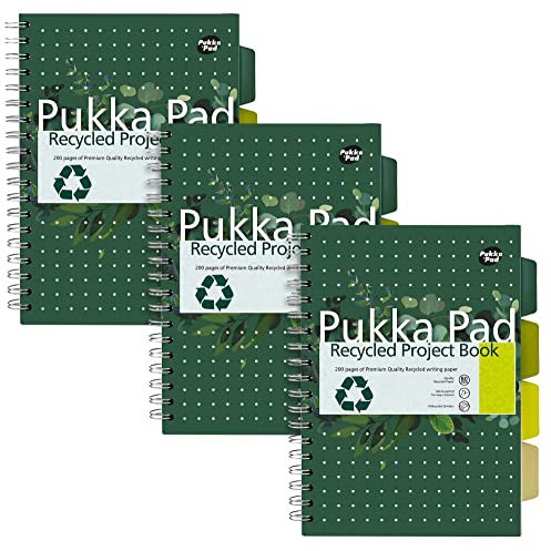 Pukka Pad, recyceltes B5-Projekt notizheft mit doppelter Spiralbindung und 4 Trennblätter – 80 g/m² FSC-Recyclingpapier mit perforierten und 4-Loch-Rändern – Liniert Notizbuch – 3er-hefte