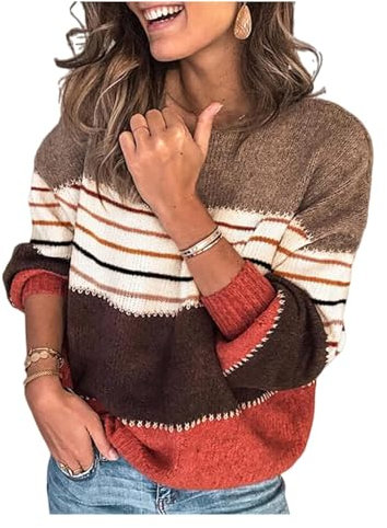HEYPORK Damen Herbst Winter Warm Bequem Pullover Casual Mode Strickjacke Strickpullover Frauen Persönlichkeit Colorblock Rundhals Dicker Lockerer Strickpullover Pullover(Rot, M)